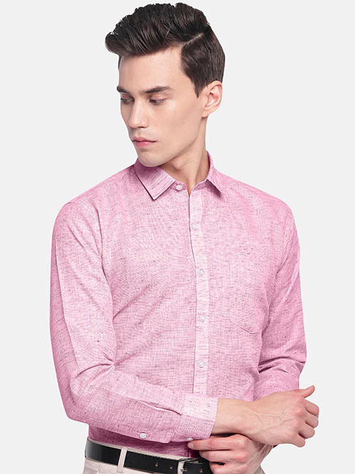 Men's Cotton Linen Plain Solid Full Sleeves Shirt (Pink)