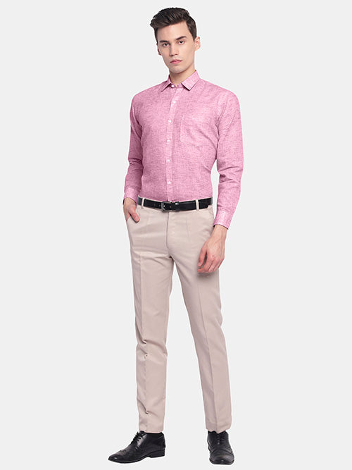 Men's Cotton Linen Plain Solid Full Sleeves Shirt (Pink)
