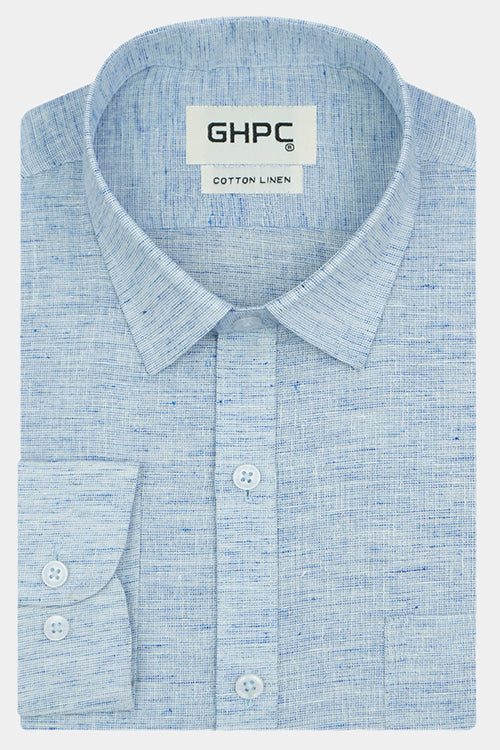 Men's Cotton Linen Plain Solid Full Sleeves Shirt (Blue)