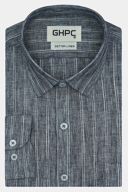 Men's Cotton Linen Shadow Striped Full Sleeves Shirt (Black)