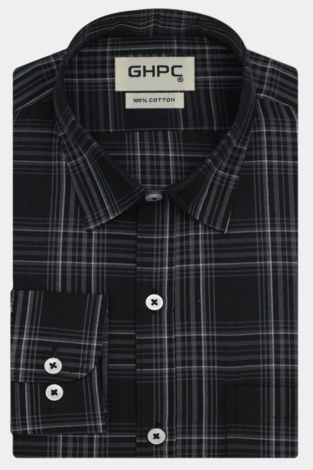 Men's 100% Cotton Checkered Full Sleeves Shirt (Black)