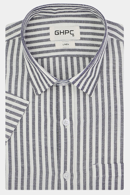 Men's 100% Linen Candy Striped Half Sleeves Shirt (White)