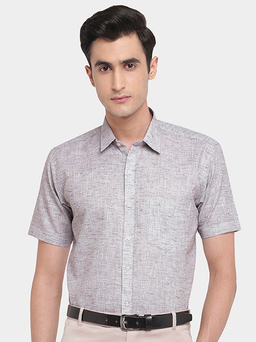 Men's Cotton Linen Plain Solid Half Sleeves Shirt (Navy)