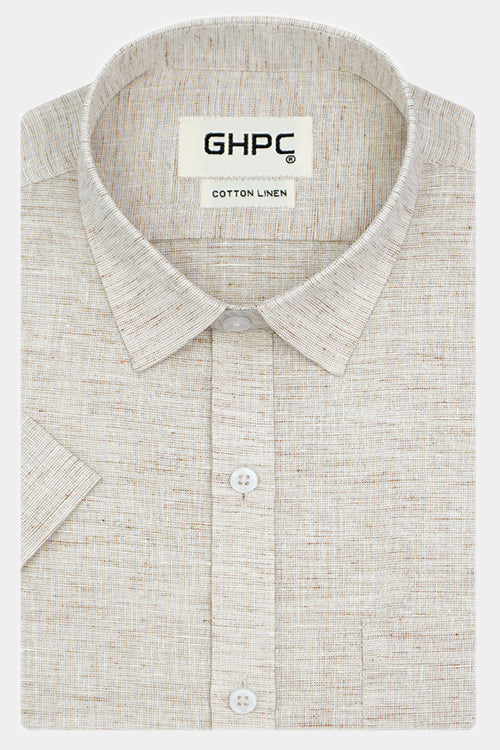 Men's Cotton Linen Plain Solid Half Sleeves Shirt (Brown)
