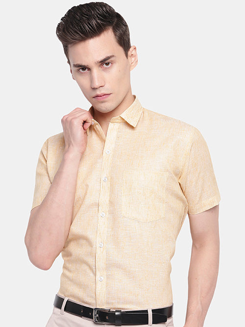 Men's Cotton Linen Plain Solid Half Sleeves Shirt (Gold)