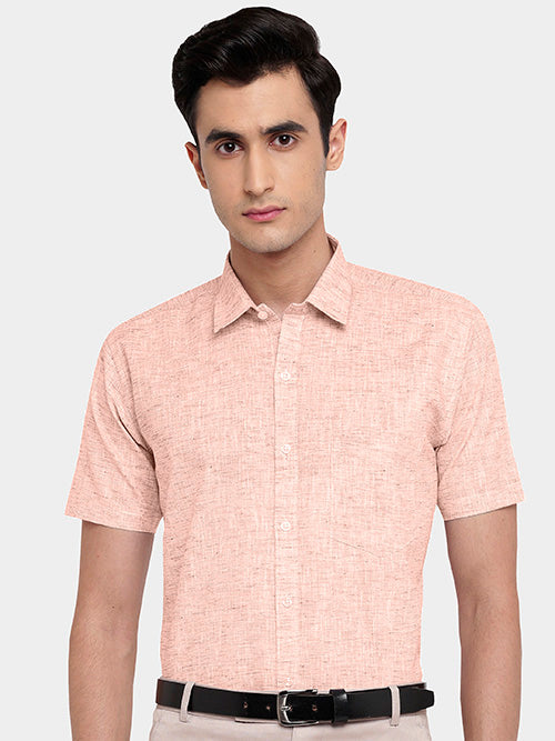 Men's Cotton Linen Plain Solid Half Sleeves Shirt (Peach)