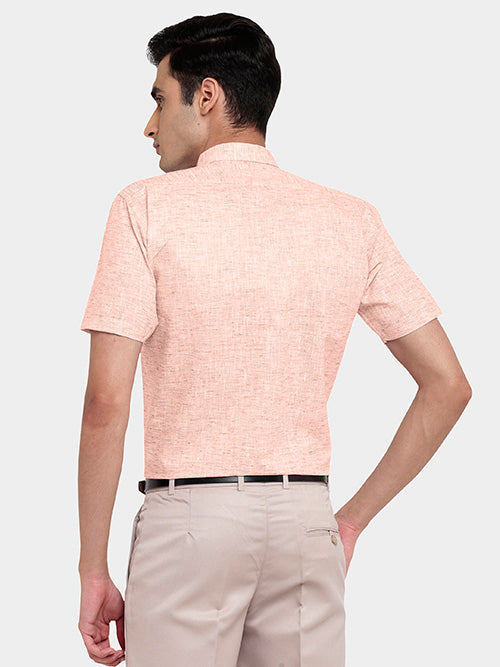 Men's Cotton Linen Plain Solid Half Sleeves Shirt (Peach)