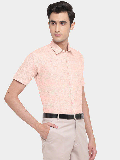 Men's Cotton Linen Plain Solid Half Sleeves Shirt (Peach)