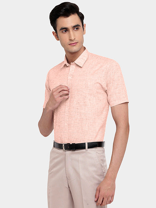Men's Cotton Linen Plain Solid Half Sleeves Shirt (Peach)