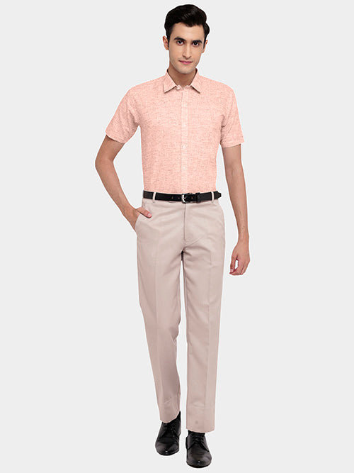 Men's Cotton Linen Plain Solid Half Sleeves Shirt (Peach)