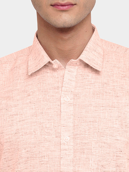 Men's Cotton Linen Plain Solid Half Sleeves Shirt (Peach)