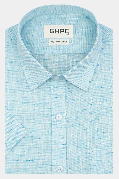 Men's Cotton Linen Half Sleeves Plain Solid Shirt (Aqua)