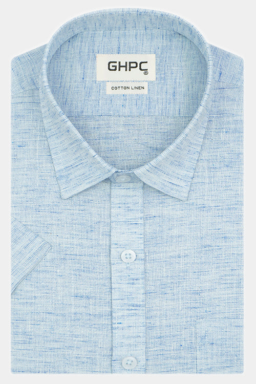 Men's Cotton Linen Half Sleeves Plain Solid Shirt (Blue)