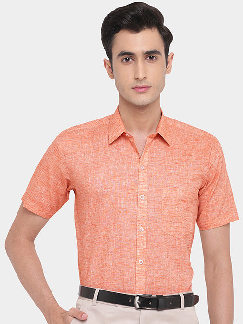 Men's Cotton Linen Plain Solid Half Sleeves Shirt (Orange)