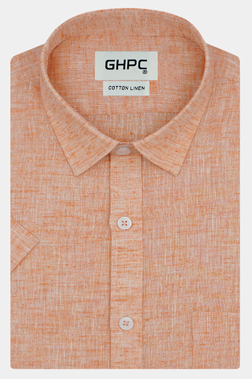 Men's Cotton Linen Plain Solid Half Sleeves Shirt (Orange)