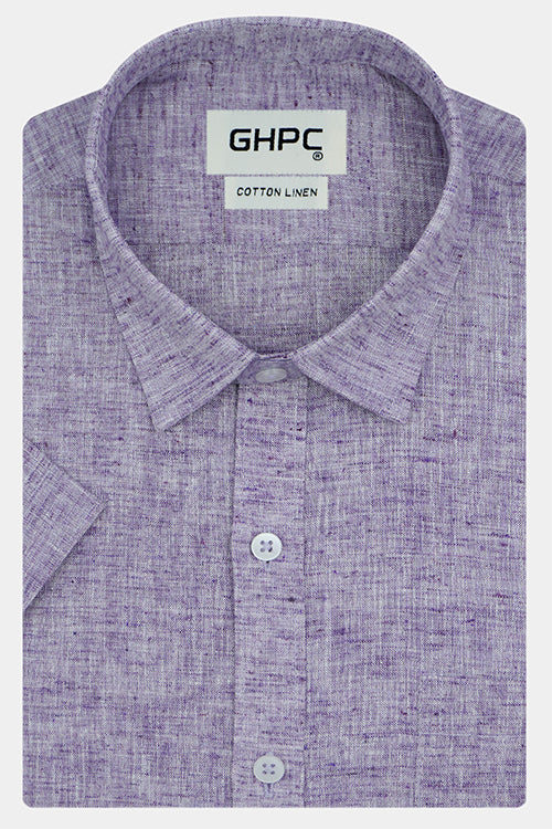 Men's Cotton Linen Plain Solid Half Sleeves Shirt (Purple)