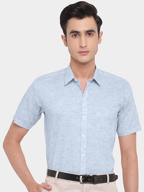 Men's Cotton Linen Plain Solid Half Sleeves Shirt (Sky Blue)