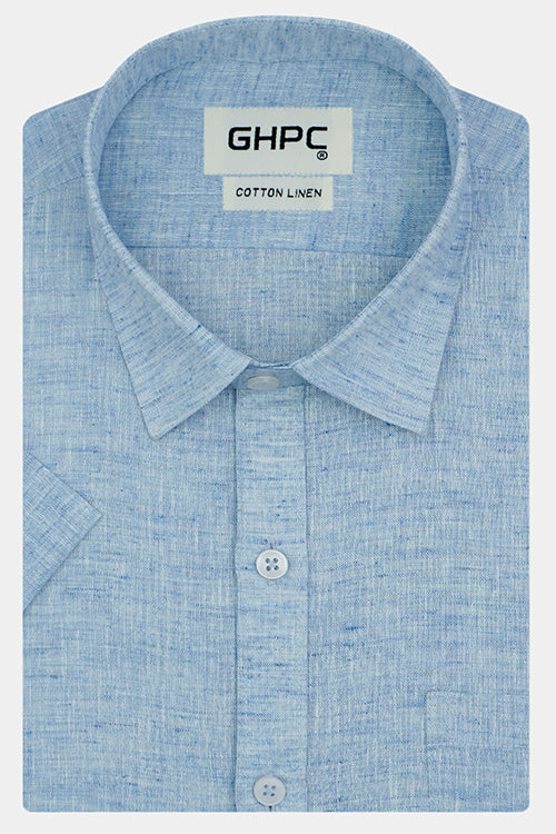 Men's Cotton Linen Plain Solid Half Sleeves Shirt (Sky Blue)