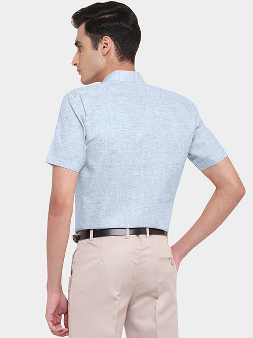 Men's Cotton Linen Plain Solid Half Sleeves Shirt (Sky Blue)