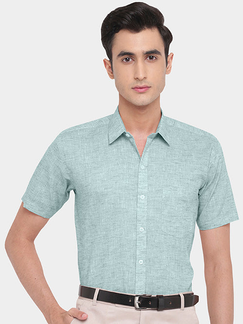 Men's Cotton Linen Plain Solid Half Sleeves Shirt (Turquoise)