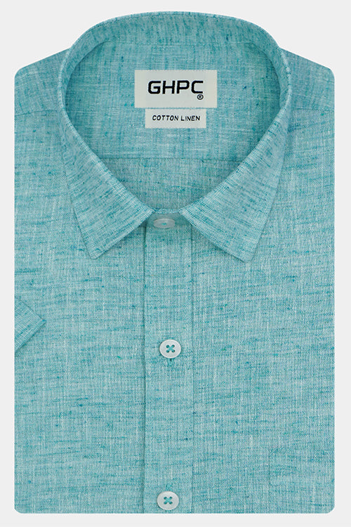Men's Cotton Linen Plain Solid Half Sleeves Shirt (Turquoise)