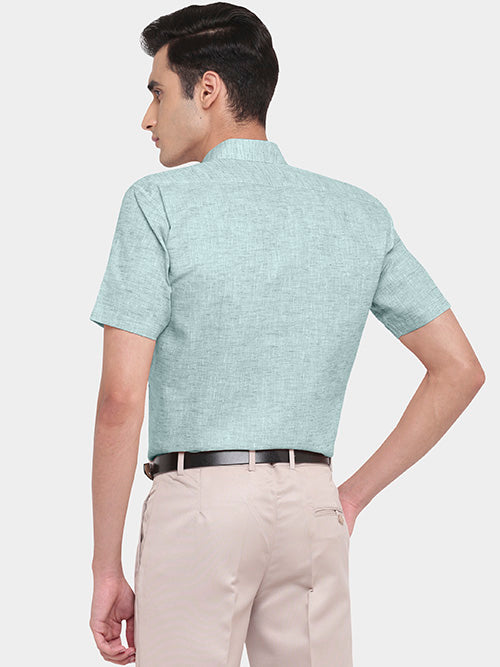 Men's Cotton Linen Plain Solid Half Sleeves Shirt (Turquoise)