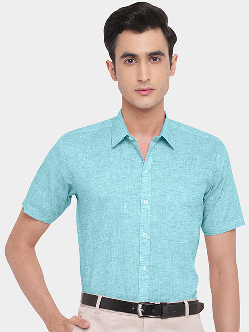 Men's Cotton Linen Plain Solid Half Sleeves Shirt (Aqua)