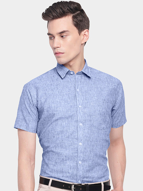Men's Cotton Linen Plain Solid Half Sleeves Shirt (Blue)