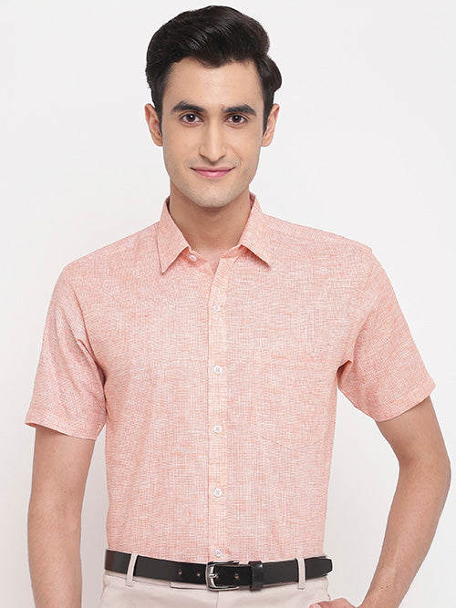 Men's Cotton Linen Pin Checks Half Sleeves Shirt (Orange)