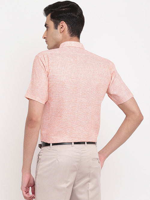 Men's Cotton Linen Pin Checks Half Sleeves Shirt (Orange)