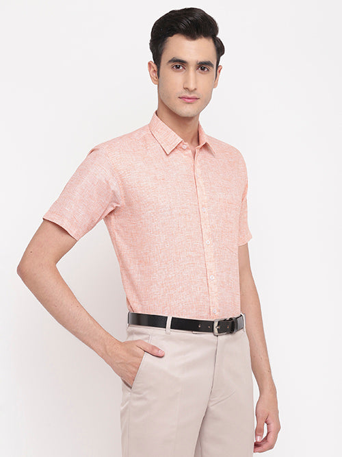 Men's Cotton Linen Pin Checks Half Sleeves Shirt (Orange)