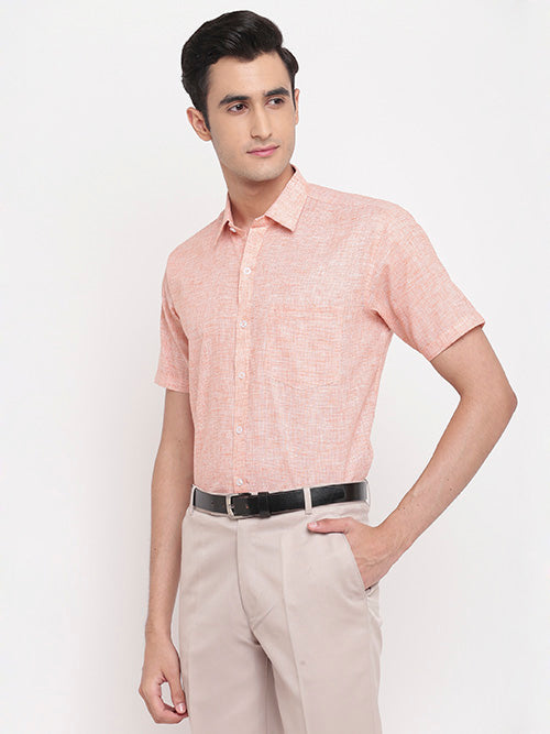 Men's Cotton Linen Pin Checks Half Sleeves Shirt (Orange)