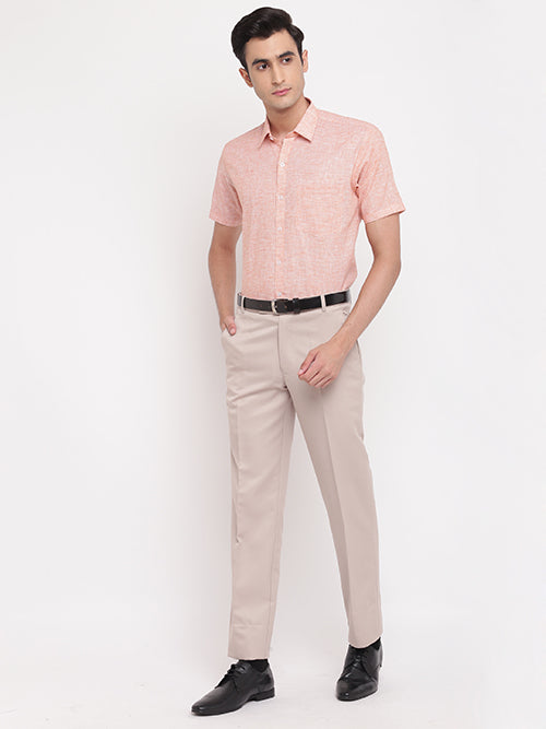 Men's Cotton Linen Pin Checks Half Sleeves Shirt (Orange)