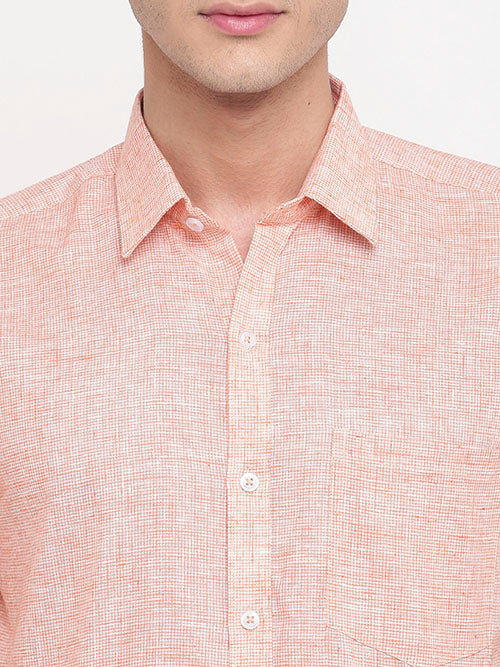 Men's Cotton Linen Pin Checks Half Sleeves Shirt (Orange)