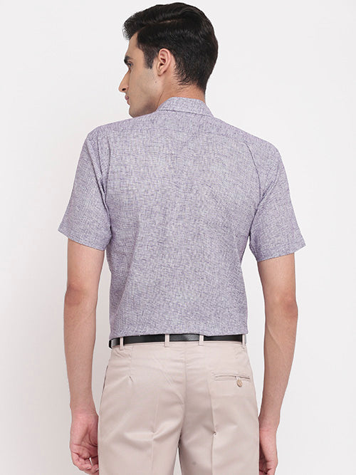 Men's Cotton Linen Pin Checks Half Sleeves Shirt (Purple)