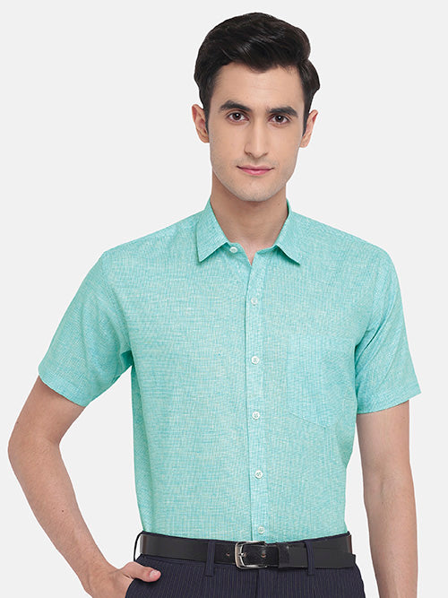 Men's Cotton Linen Pin Checks Half Sleeves Shirt (Green)