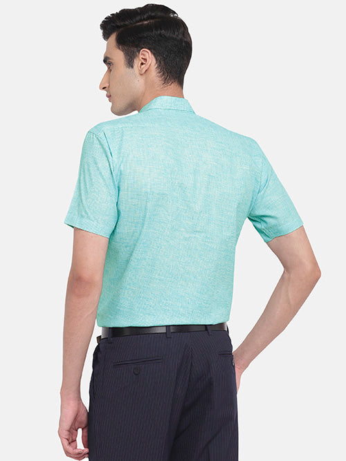 Men's Cotton Linen Pin Checks Half Sleeves Shirt (Green)