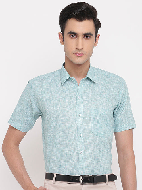 Men's Cotton Linen Pin Checks Half Sleeves Shirt (Sky Blue)