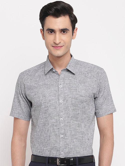 Men's Cotton Linen Pin Checks Half Sleeves Shirt (Grey)
