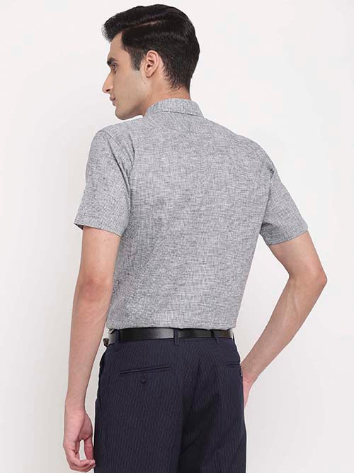 Men's Cotton Linen Pin Checks Half Sleeves Shirt (Grey)