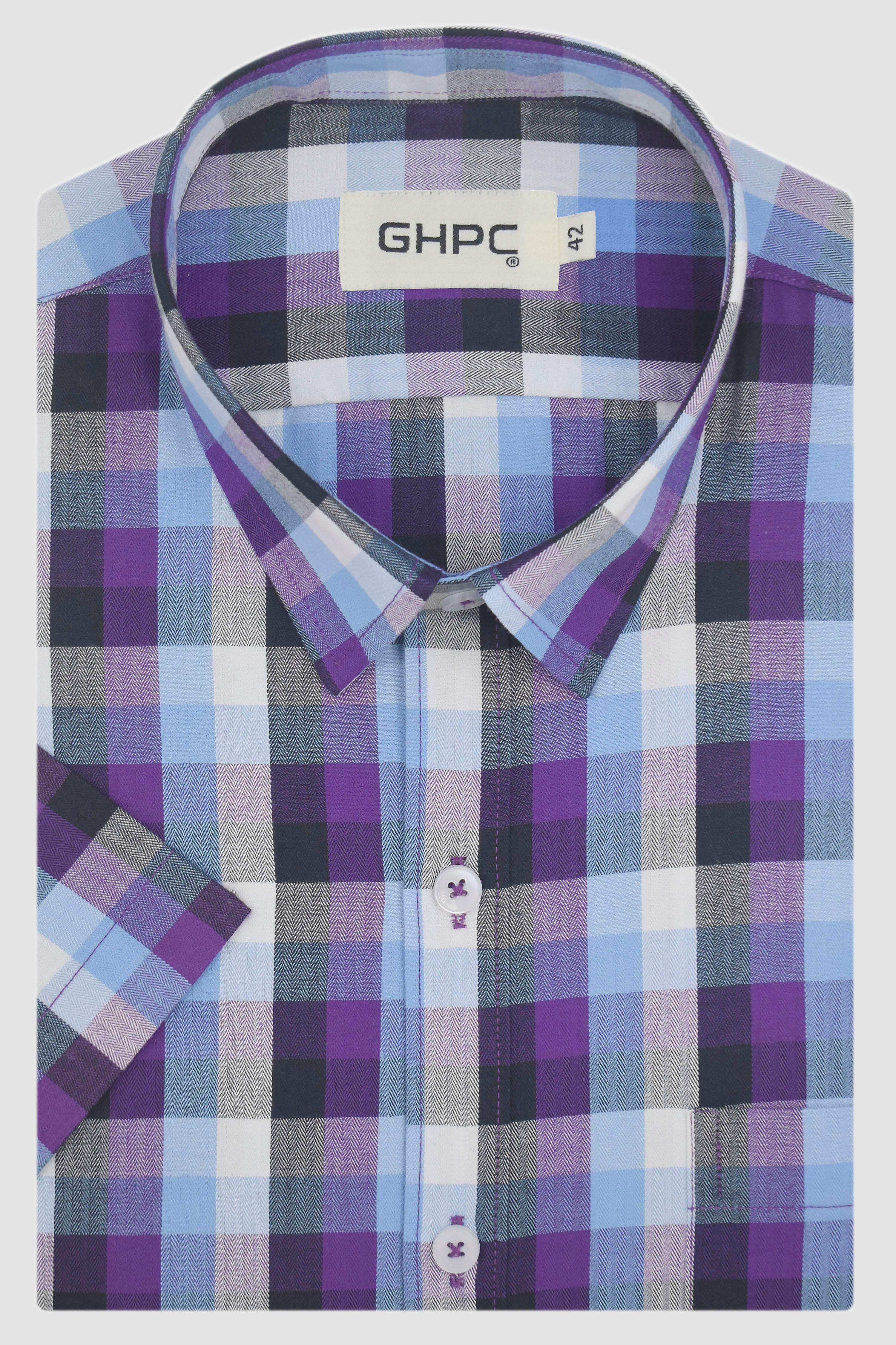 Men's 100% Cotton Gingham Checks Half Sleeves Shirt (Purple)