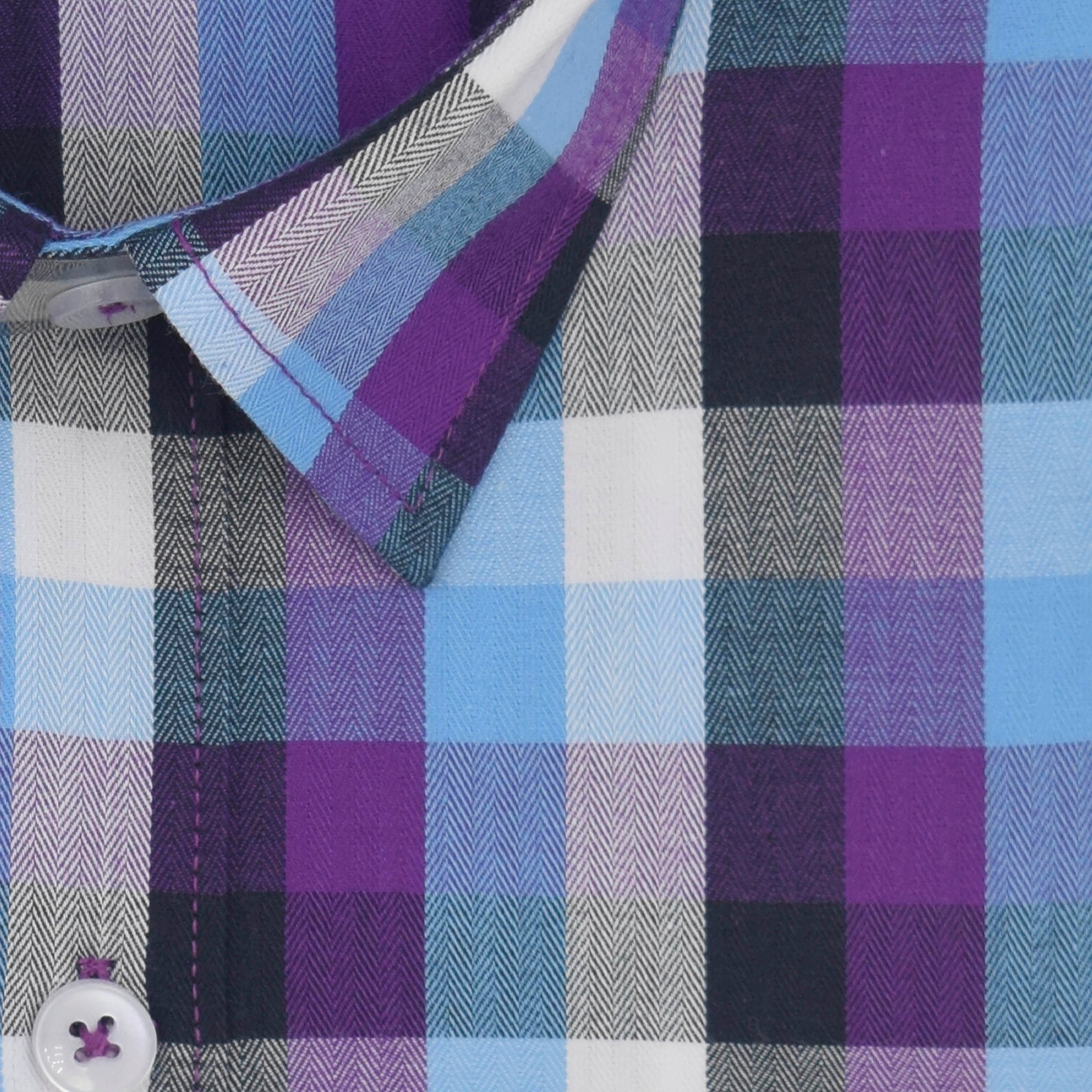 Men's 100% Cotton Gingham Checks Half Sleeves Shirt (Purple)