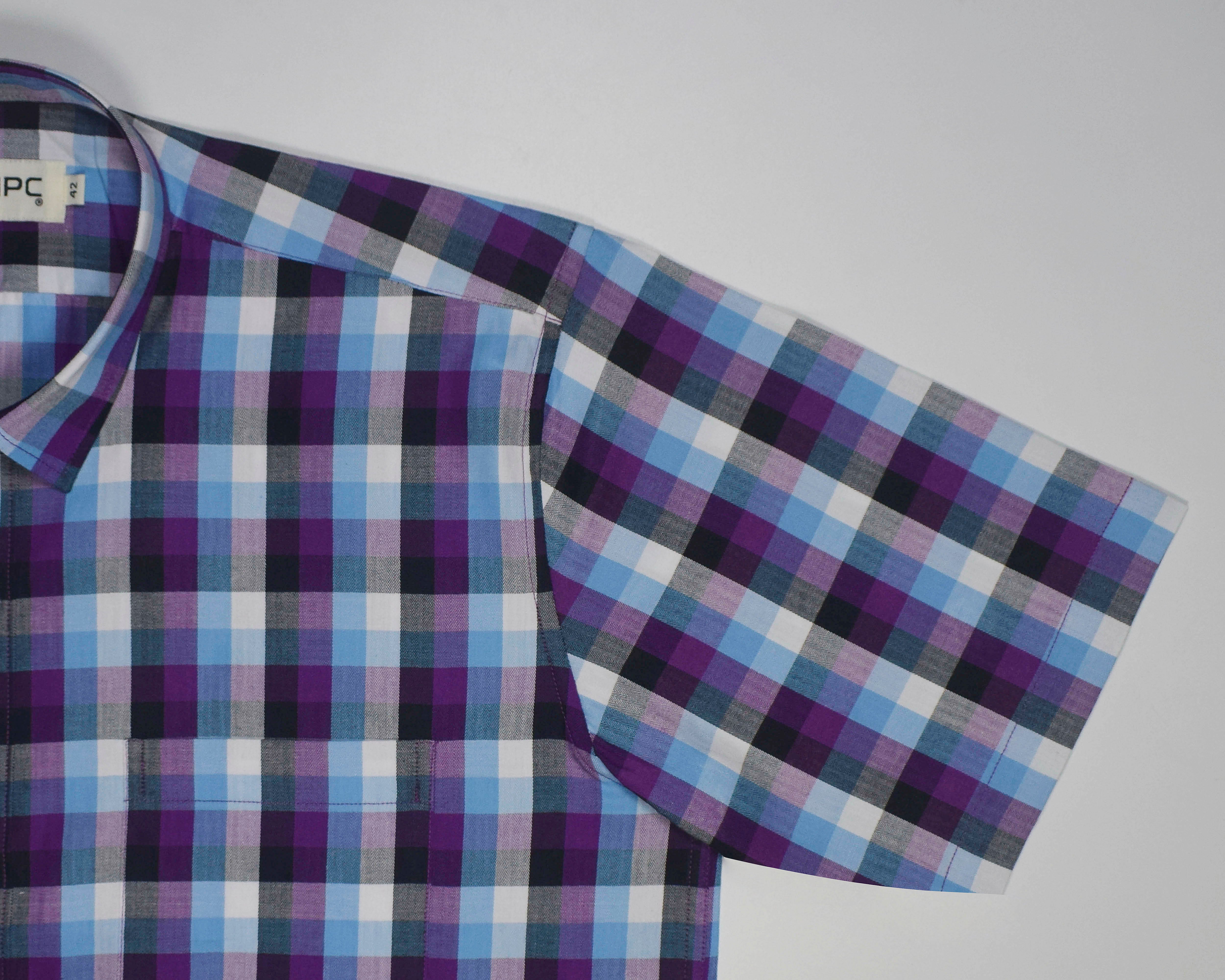 Men's 100% Cotton Gingham Checks Half Sleeves Shirt (Purple)