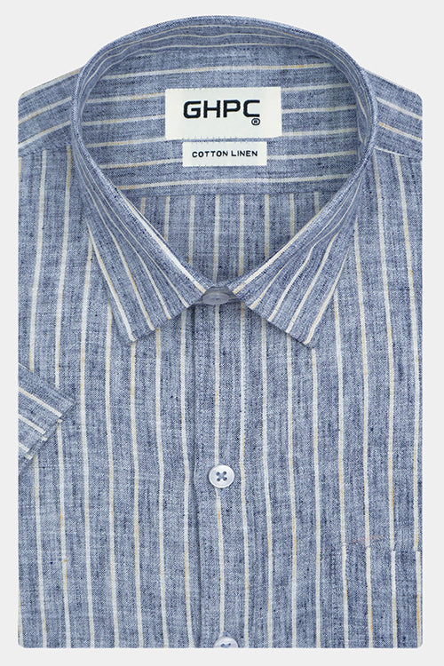 Men's Cotton Linen Chalk Striped Half Sleeves Shirt (Navy) FSH306103_1