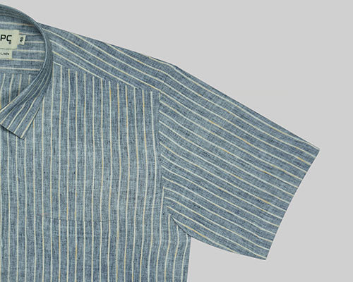 Men's Cotton Linen Chalk Striped Half Sleeves Shirt (Navy) FSH306103_5