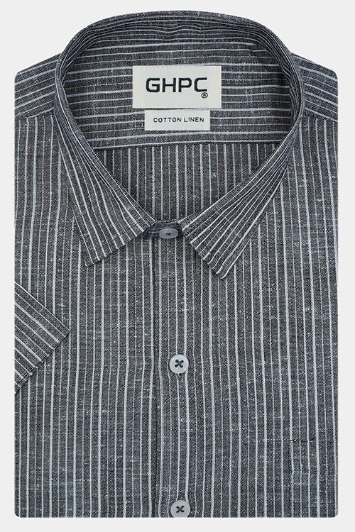 Men's Cotton Linen Hickory Striped Half Sleeves Shirt (Black) FSH306302_1