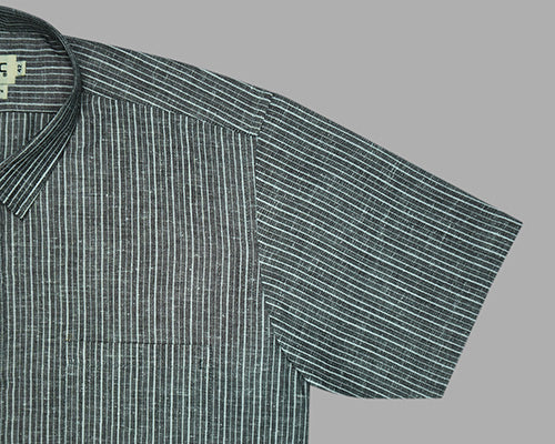 Men's Cotton Linen Hickory Striped Half Sleeves Shirt (Black) FSH306302_4