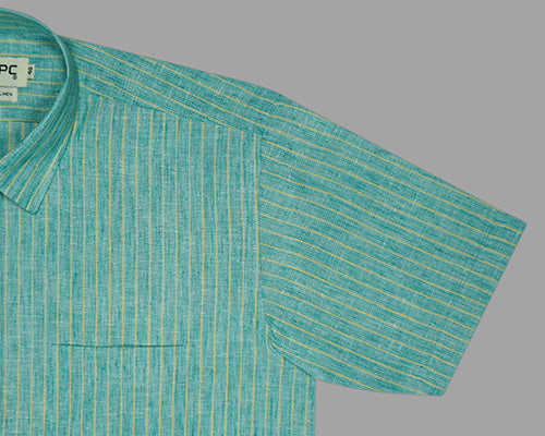 Men's Cotton Linen Chalk Striped Half Sleeves Shirt (Green) FSH306618_5