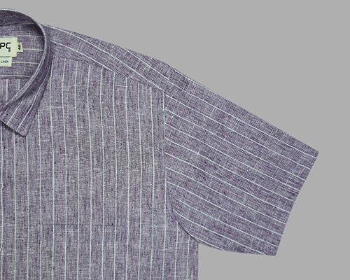 Men's Cotton Linen Chalk Striped Half Sleeves Shirt (Purple) FSH306713_4