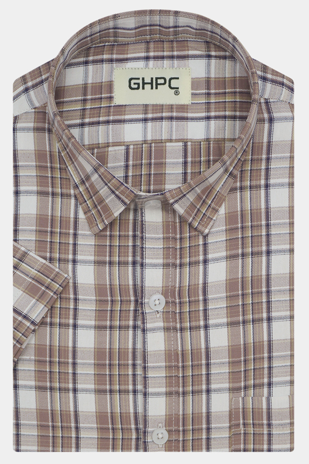 Men's Cotton Linen Checkered Half Sleeves Shirts (Brown)